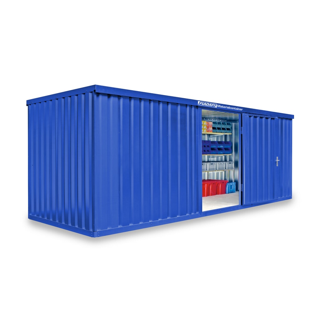 Produktabbildung: FLADAFI® Materialcontainer Einzelmodul, lackiert, HxBxT 2.150 x 6.080 x 2.170 mm, montiert, Holzfußboden, enzianblau