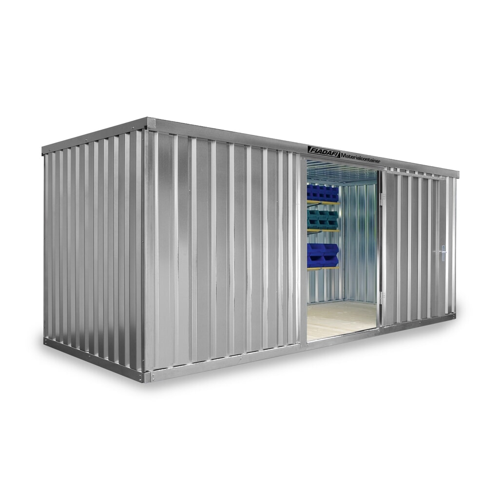 Produktabbildung: FLADAFI® Materialcontainer Einzelmodul, lackiert, HxBxT 2.150 x 5.080 x 2.170 mm, montiert, Holzfußboden, lichtgrau