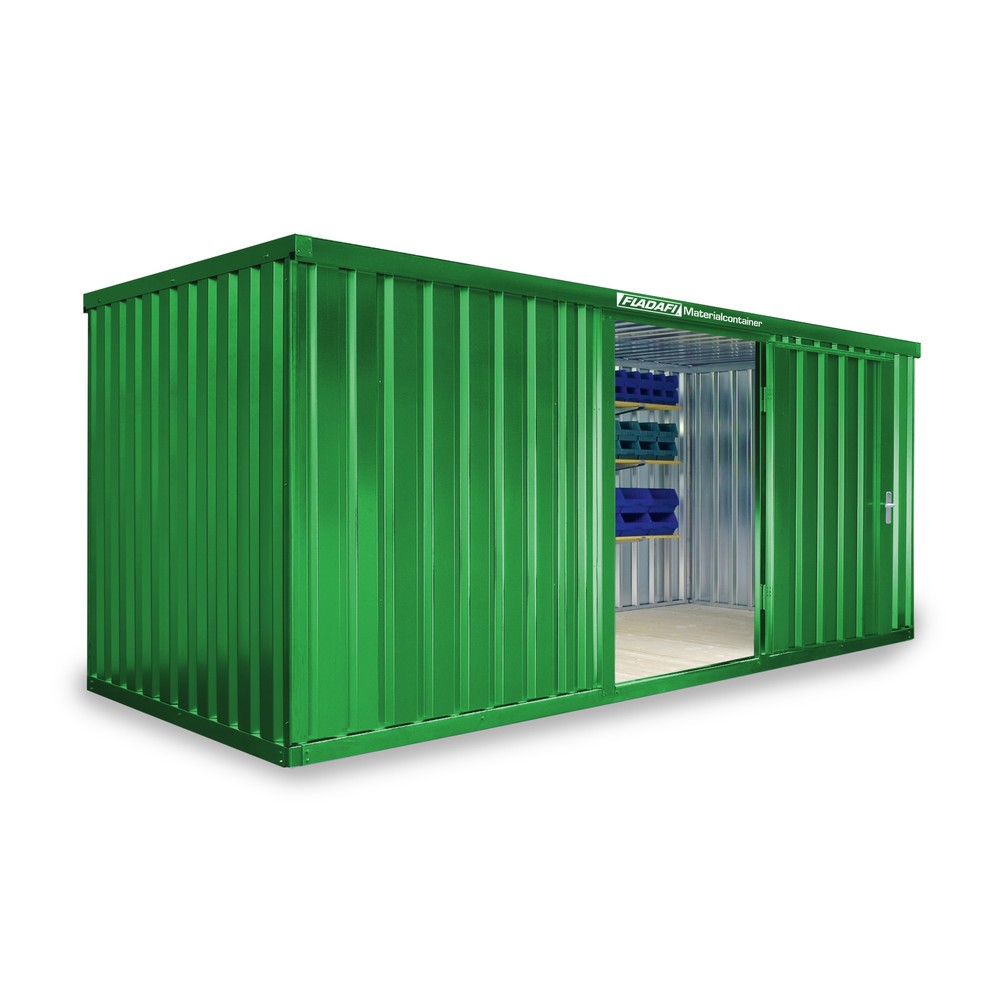 Produktabbildung: FLADAFI® Materialcontainer Einzelmodul, HxBxT 2.150 x 5.080 x 2.170 mm, montiert, Holzfußboden, lackiert, grasgrün
