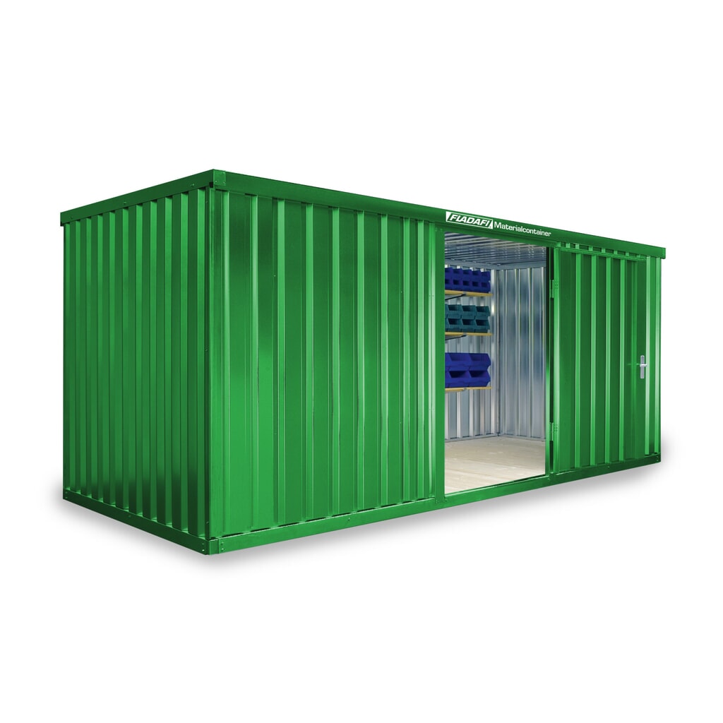 Produktabbildung: FLADAFI® Materialcontainer Einzelmodul, lackiert, HxBxT 2.150 x 5.080 x 2.170 mm, montiert, Holzfußboden, grasgrün