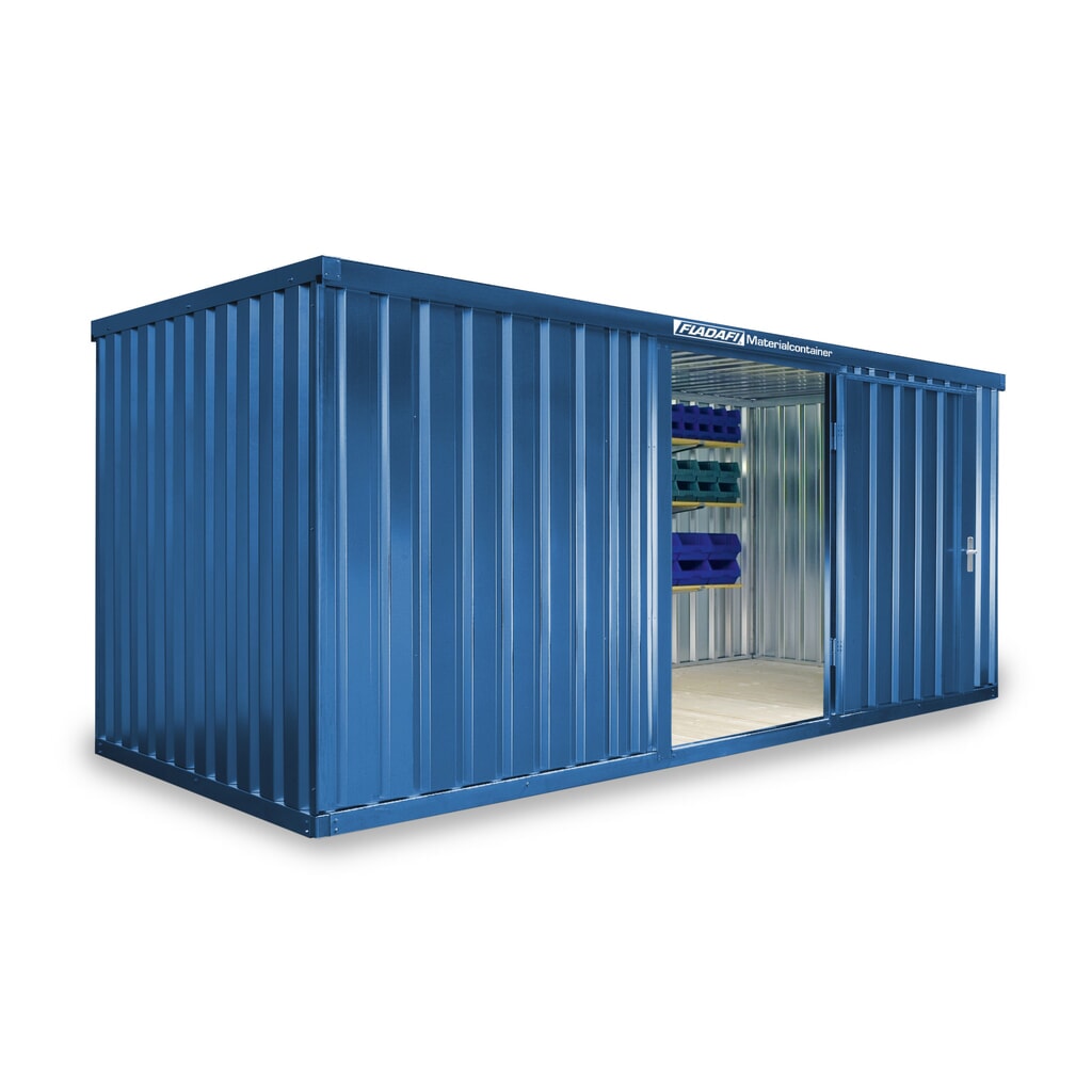 Produktabbildung: FLADAFI® Materialcontainer Einzelmodul, lackiert, HxBxT 2.150 x 5.080 x 2.170 mm, montiert, Holzfußboden, enzianblau