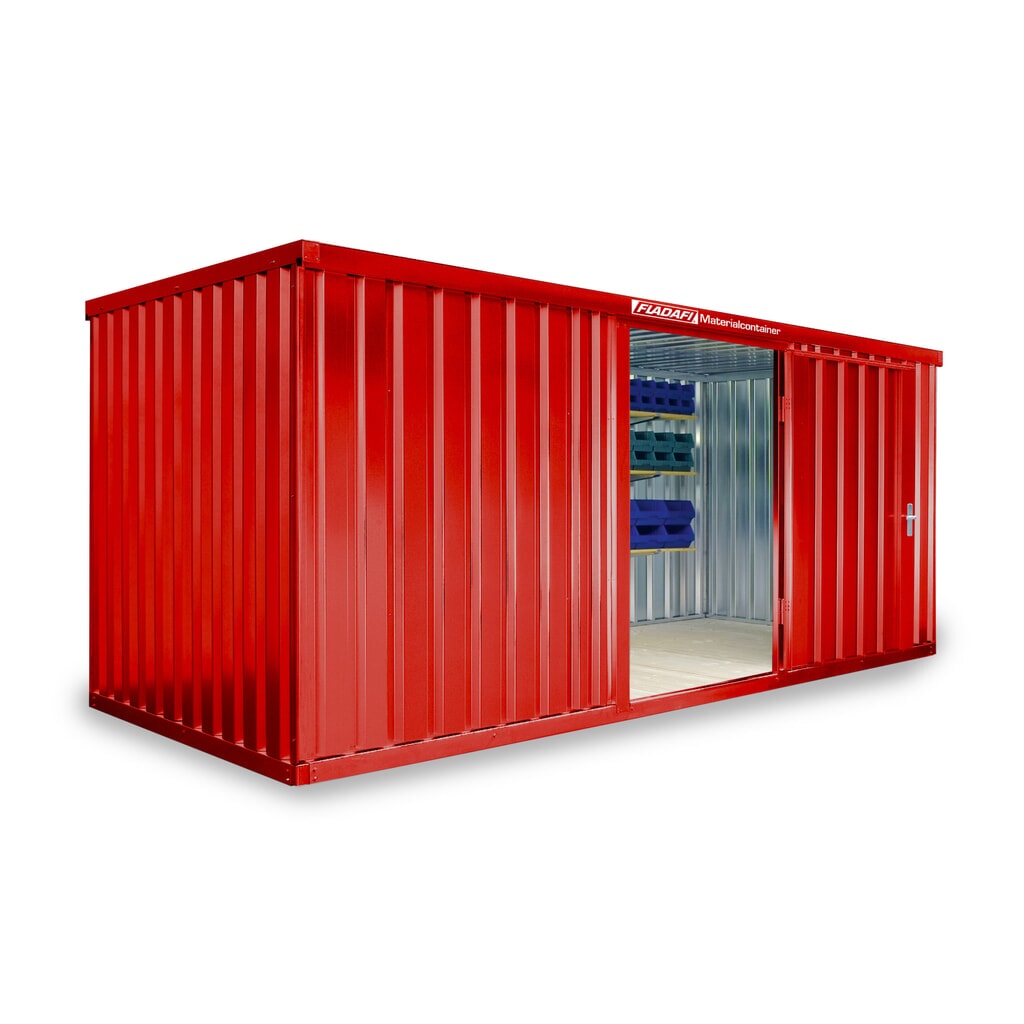 FLADAFI® Materialcontainer Einzelmodul, lackiert, HxBxT 2.150 x 5.080 x 2.170 mm, montiert, Holzfußboden, feuerrot Produktabbildung: FLADAFI® Materialcontainer Einzelmodul, lackiert, HxBxT 2.150 x 5.080 x 2.170 mm, montiert, Holzfußboden, feuerrot