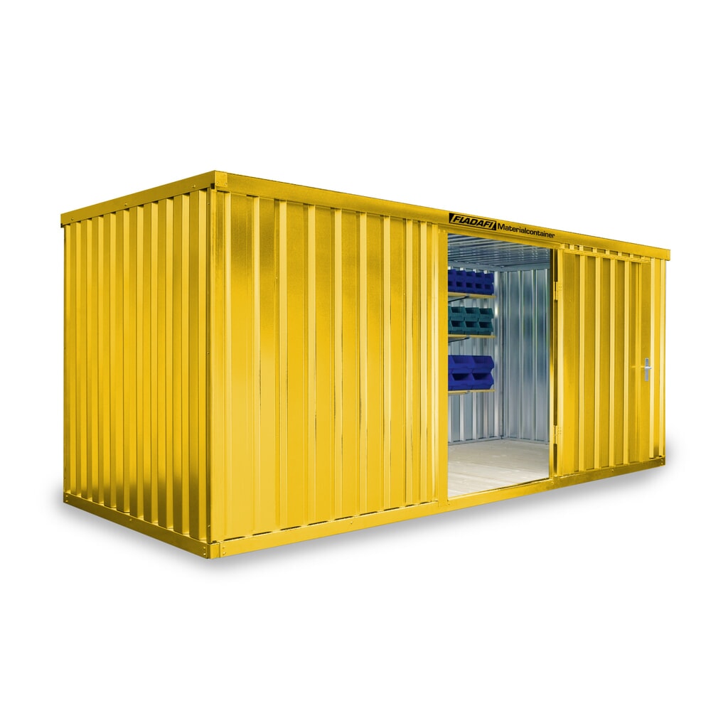 Produktabbildung: FLADAFI® Materialcontainer Einzelmodul, lackiert, HxBxT 2.150 x 5.080 x 2.170 mm, montiert, Holzfußboden, signalgelb