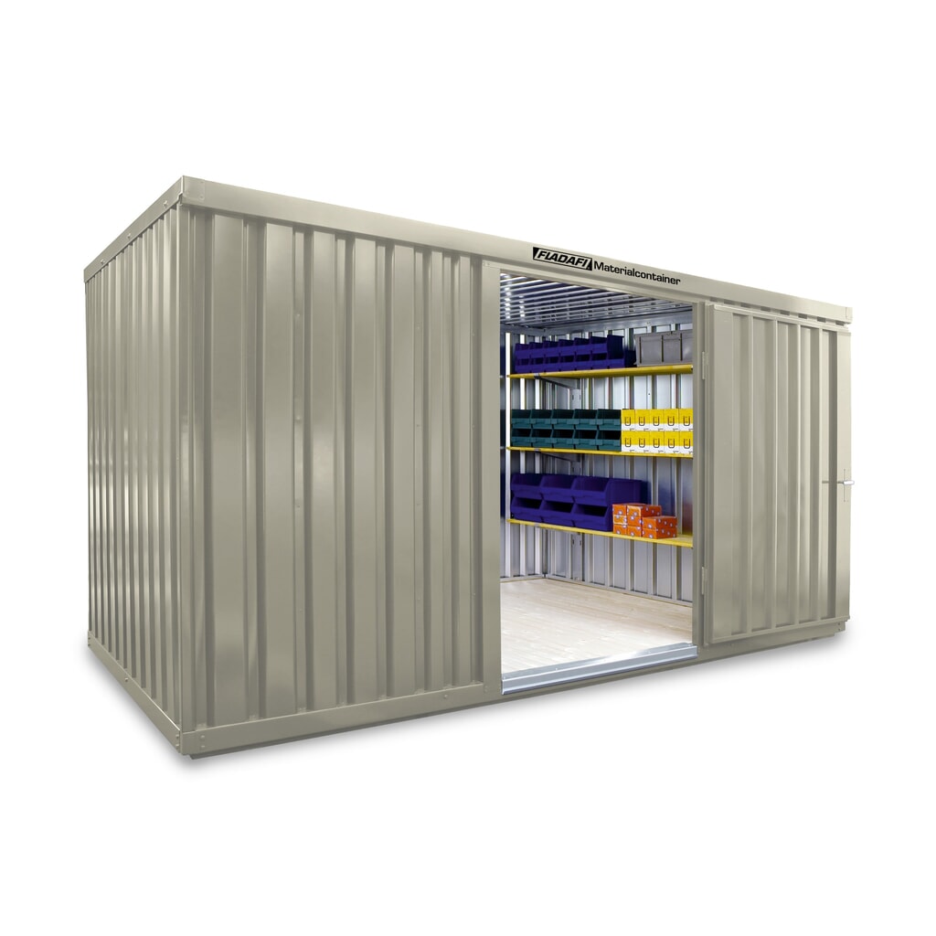 FLADAFI® Materialcontainer Einzelmodul, lackiert, HxBxT 2.150 x 4.050 x 2.170 mm, montiert, Holzfußboden, grauweiß Produktabbildung: FLADAFI® Materialcontainer Einzelmodul, lackiert, HxBxT 2.150 x 4.050 x 2.170 mm, montiert, Holzfußboden, grauweiß