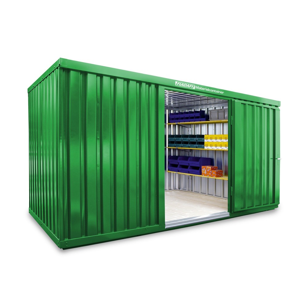 Produktabbildung: FLADAFI® Materialcontainer Einzelmodul, HxBxT 2.150 x 4.050 x 2.170 mm, montiert, Holzfußboden, lackiert, grasgrün
