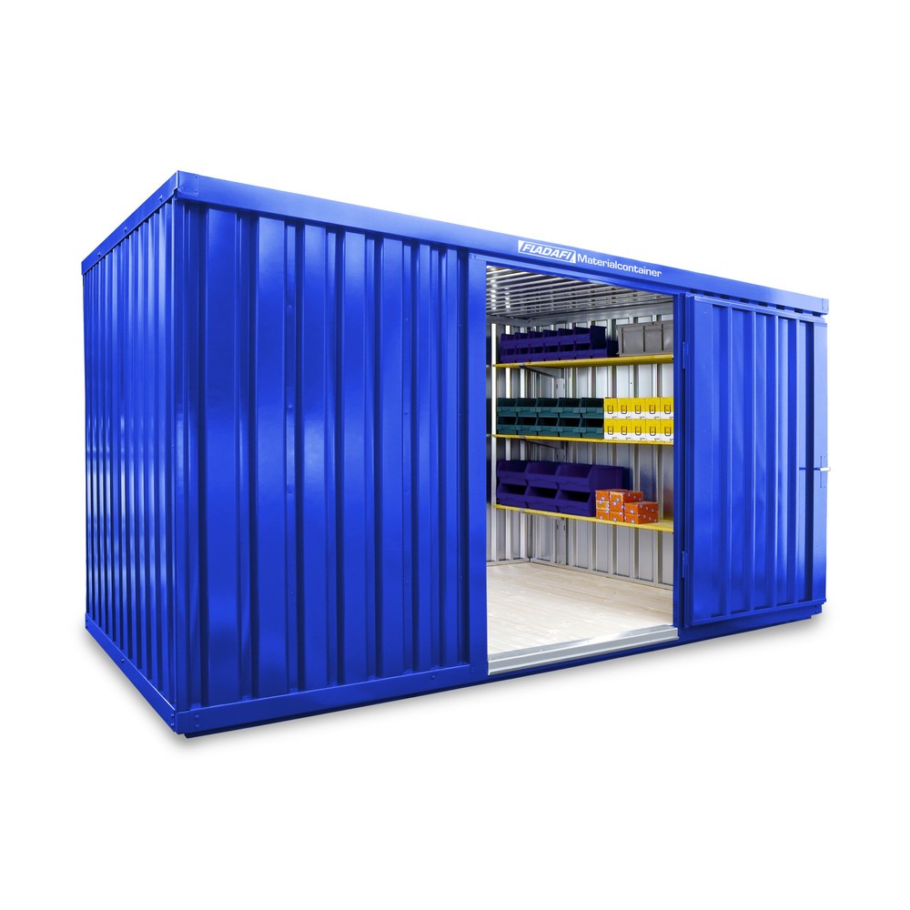 Produktabbildung: FLADAFI® Materialcontainer Einzelmodul, HxBxT 2.150 x 4.050 x 2.170 mm, montiert, Holzfußboden, lackiert, enzianblau