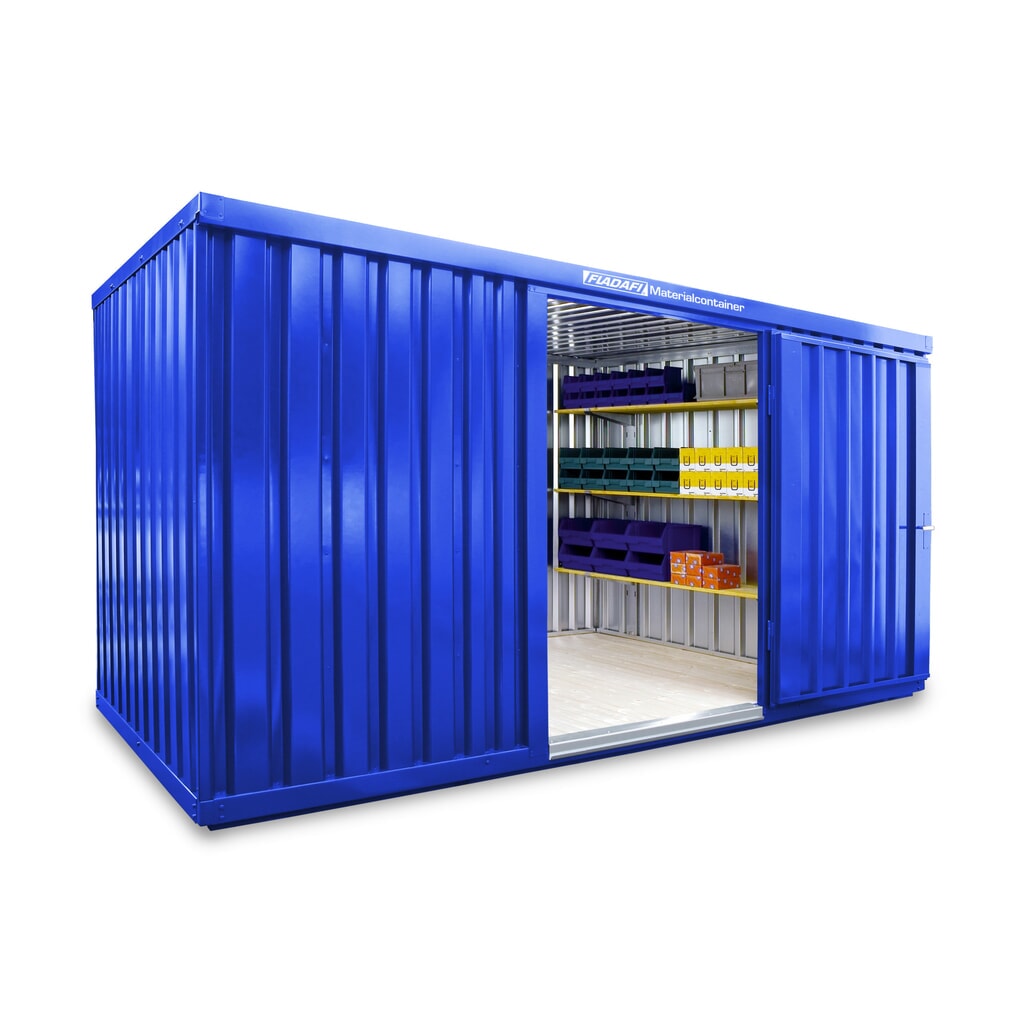 Produktabbildung: FLADAFI® Materialcontainer Einzelmodul, lackiert, HxBxT 2.150 x 4.050 x 2.170 mm, montiert, Holzfußboden, enzianblau