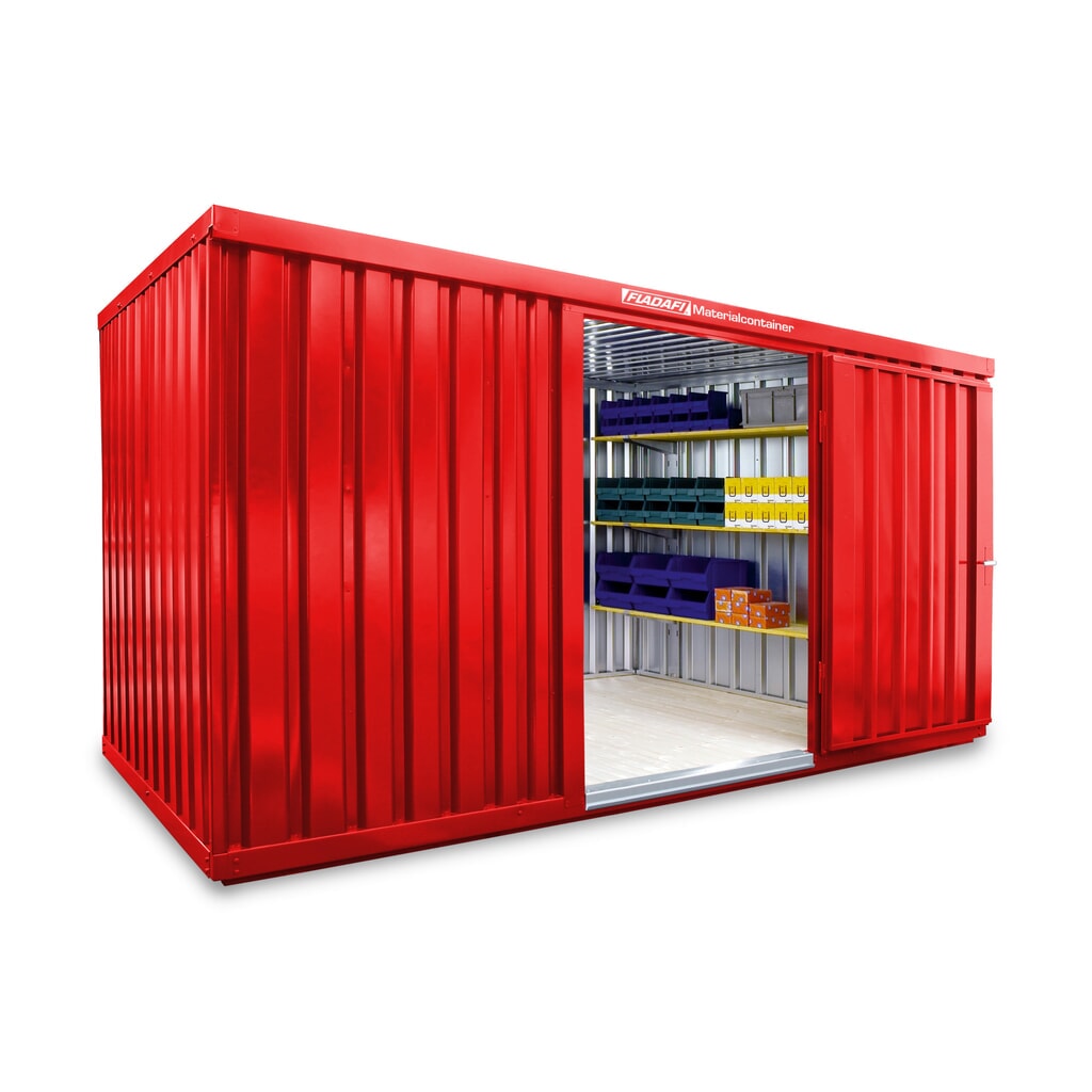 FLADAFI® Materialcontainer Einzelmodul, lackiert, HxBxT 2.150 x 4.050 x 2.170 mm, montiert, Holzfußboden, feuerrot Produktabbildung: FLADAFI® Materialcontainer Einzelmodul, lackiert, HxBxT 2.150 x 4.050 x 2.170 mm, montiert, Holzfußboden, feuerrot