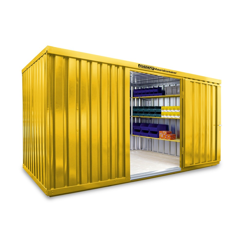 Produktabbildung: FLADAFI® Materialcontainer Einzelmodul, HxBxT 2.150 x 4.050 x 2.170 mm, montiert, Holzfußboden, lackiert, signalgelb