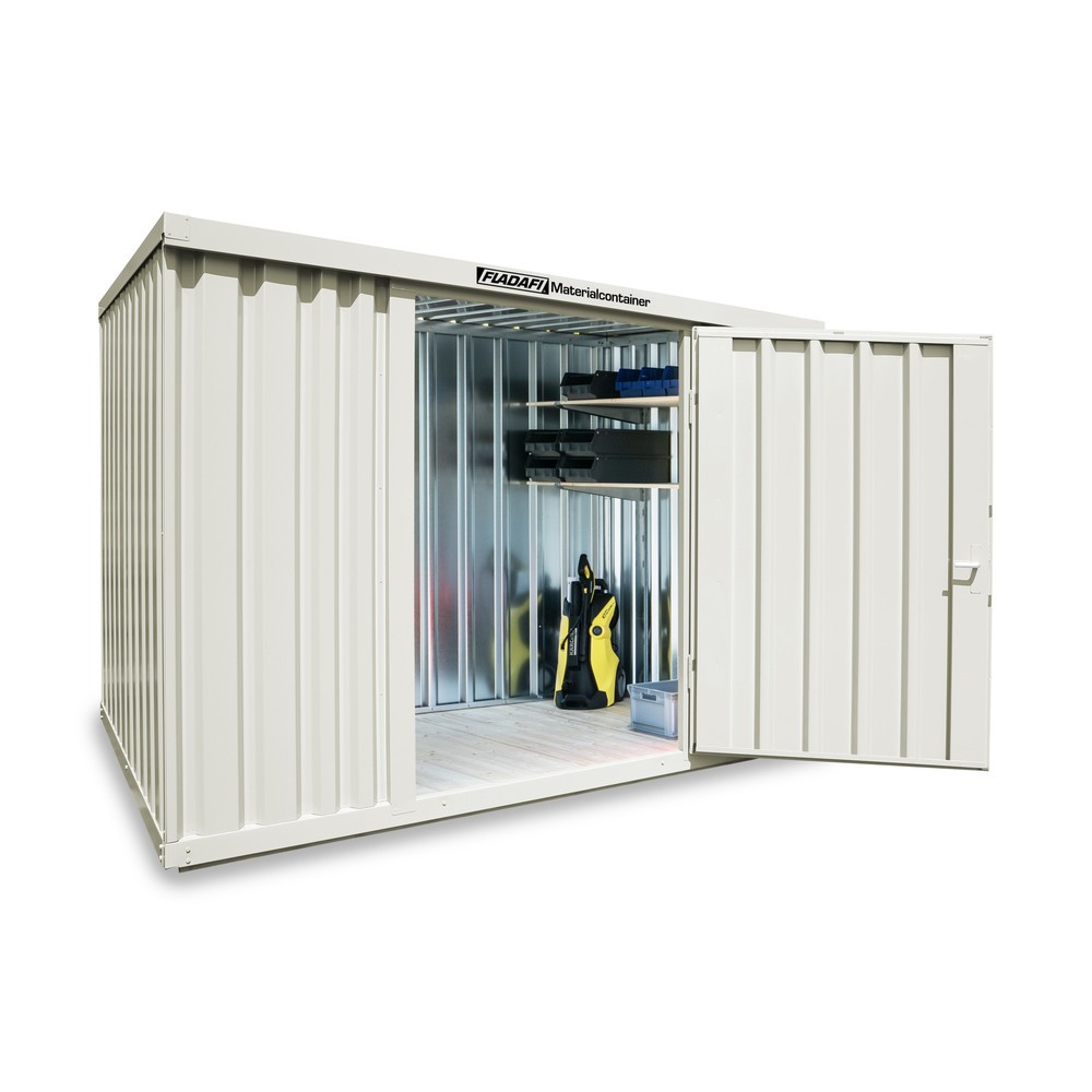 Produktabbildung: FLADAFI® Materialcontainer Einzelmodul, HxBxT 2.150 x 3.050 x 2.170 mm, montiert, Holzfußboden, lackiert, grauweiß