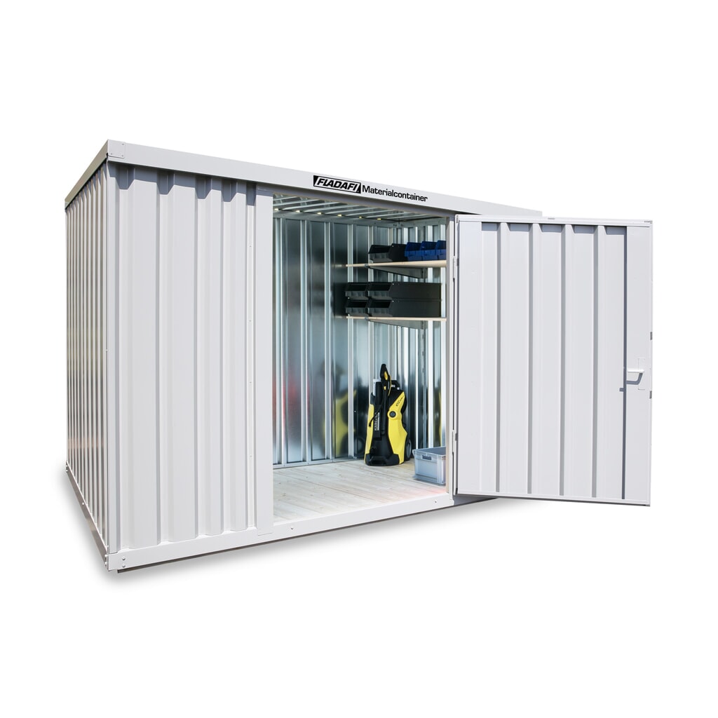 FLADAFI® Materialcontainer Einzelmodul, lackiert, HxBxT 2.150 x 3.050 x 2.170 mm, montiert, Holzfußboden, lichtgrau Produktabbildung: FLADAFI® Materialcontainer Einzelmodul, lackiert, HxBxT 2.150 x 3.050 x 2.170 mm, montiert, Holzfußboden, lichtgrau