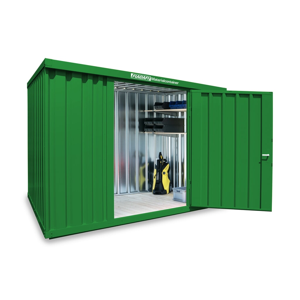 Produktabbildung: FLADAFI® Materialcontainer Einzelmodul, lackiert, HxBxT 2.150 x 3.050 x 2.170 mm, montiert, Holzfußboden, grasgrün