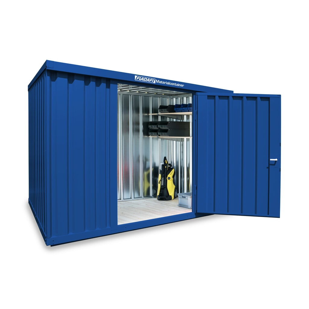FLADAFI® Materialcontainer Einzelmodul, lackiert, HxBxT 2.150 x 3.050 x 2.170 mm, montiert, Holzfußboden, enzianblau Produktabbildung: FLADAFI® Materialcontainer Einzelmodul, lackiert, HxBxT 2.150 x 3.050 x 2.170 mm, montiert, Holzfußboden, enzianblau