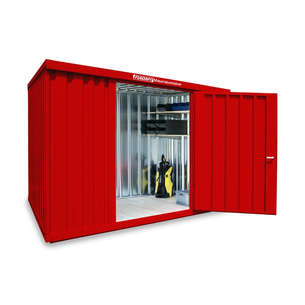 FLADAFI® Materialcontainer Einzelmodul, lackiert, HxBxT 2.150 x 3.050 x 2.170 mm, montiert, Holzfußboden, feuerrot Produktabbildung: FLADAFI® Materialcontainer Einzelmodul, lackiert, HxBxT 2.150 x 3.050 x 2.170 mm, montiert, Holzfußboden, feuerrot