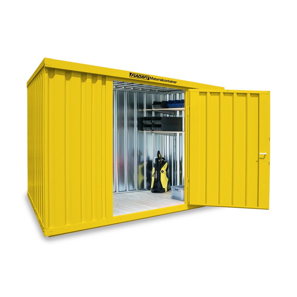 Produktabbildung: FLADAFI® Materialcontainer Einzelmodul, HxBxT 2.150 x 3.050 x 2.170 mm, montiert, Holzfußboden, lackiert, signalgelb