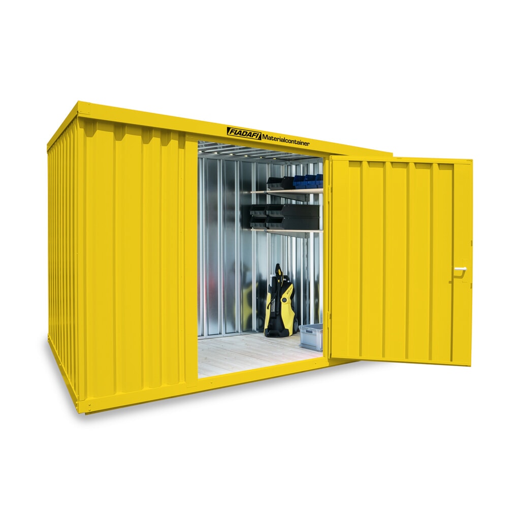 Produktabbildung: FLADAFI® Materialcontainer Einzelmodul, lackiert, HxBxT 2.150 x 3.050 x 2.170 mm, montiert, Holzfußboden, signalgelb
