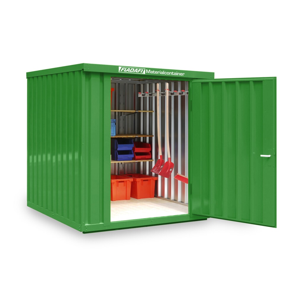 FLADAFI® Materialcontainer Einzelmodul, lackiert, HxBxT 2.150 x 2.100 x 2.170 mm, montiert, Holzfußboden, grasgrün Produktabbildung: FLADAFI® Materialcontainer Einzelmodul, lackiert, HxBxT 2.150 x 2.100 x 2.170 mm, montiert, Holzfußboden, grasgrün