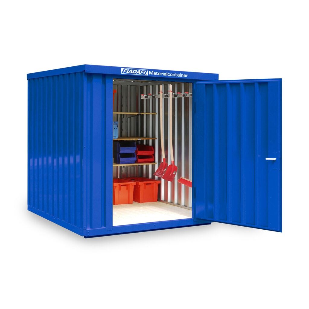Produktabbildung: FLADAFI® Materialcontainer Einzelmodul, lackiert, HxBxT 2.150 x 2.100 x 2.170 mm, montiert, Holzfußboden, enzianblau