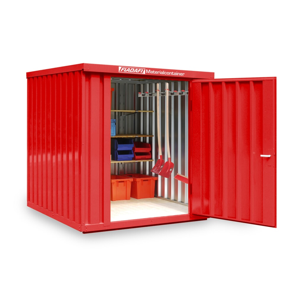 FLADAFI® Materialcontainer Einzelmodul, lackiert, HxBxT 2.150 x 2.100 x 2.170 mm, montiert, Holzfußboden, feuerrot Produktabbildung: FLADAFI® Materialcontainer Einzelmodul, lackiert, HxBxT 2.150 x 2.100 x 2.170 mm, montiert, Holzfußboden, feuerrot