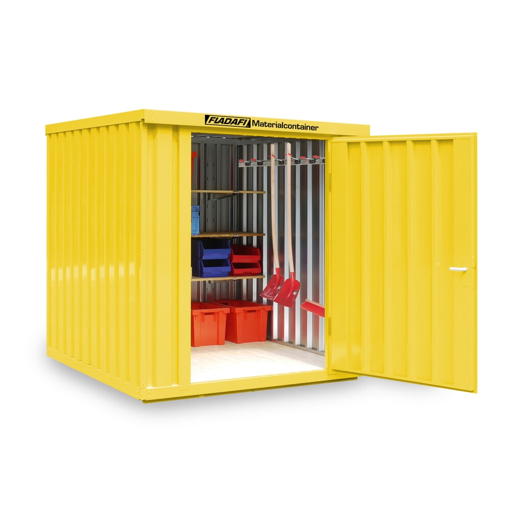 Produktabbildung: FLADAFI® Materialcontainer Einzelmodul, lackiert, HxBxT 2.150 x 2.100 x 2.170 mm, montiert, Holzfußboden, signalgelb