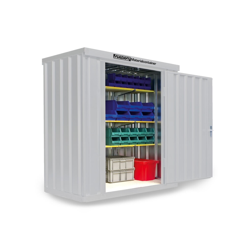 FLADAFI® Materialcontainer Einzelmodul, lackiert, HxBxT 2.150 x 2.100 x 1.140 mm, montiert, Holzfußboden, grauweiß Produktabbildung: FLADAFI® Materialcontainer Einzelmodul, lackiert, HxBxT 2.150 x 2.100 x 1.140 mm, montiert, Holzfußboden, grauweiß