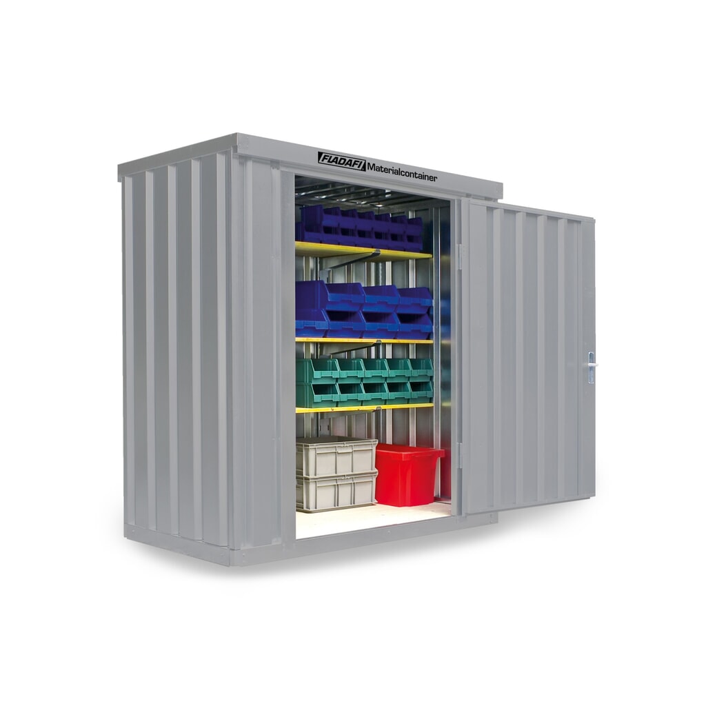FLADAFI® Materialcontainer Einzelmodul, lackiert, HxBxT 2.150 x 2.100 x 1.140 mm, montiert, Holzfußboden, lichtgrau Produktabbildung: FLADAFI® Materialcontainer Einzelmodul, lackiert, HxBxT 2.150 x 2.100 x 1.140 mm, montiert, Holzfußboden, lichtgrau