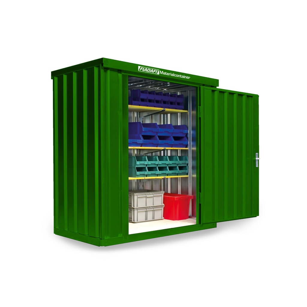 Produktabbildung: FLADAFI® Materialcontainer Einzelmodul, lackiert, HxBxT 2.150 x 2.100 x 1.140 mm, montiert, Holzfußboden, grasgrün