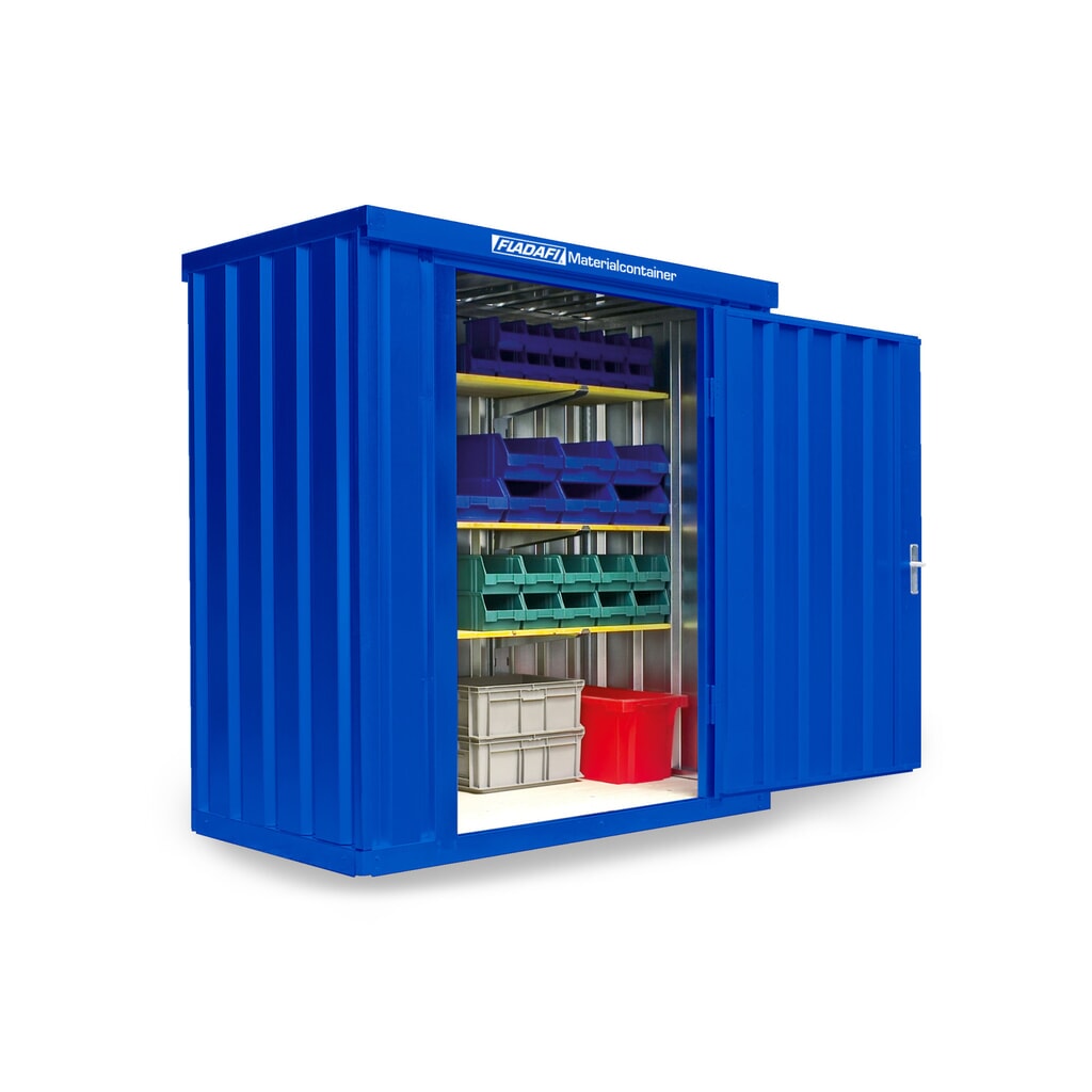 FLADAFI® Materialcontainer Einzelmodul, lackiert, HxBxT 2.150 x 2.100 x 1.140 mm, montiert, Holzfußboden, enzianblau Produktabbildung: FLADAFI® Materialcontainer Einzelmodul, lackiert, HxBxT 2.150 x 2.100 x 1.140 mm, montiert, Holzfußboden, enzianblau