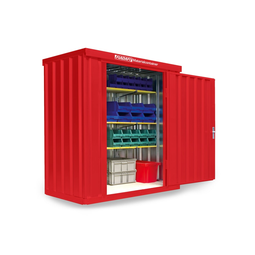 FLADAFI® Materialcontainer Einzelmodul, lackiert, HxBxT 2.150 x 2.100 x 1.140 mm, montiert, Holzfußboden, feuerrot Produktabbildung: FLADAFI® Materialcontainer Einzelmodul, lackiert, HxBxT 2.150 x 2.100 x 1.140 mm, montiert, Holzfußboden, feuerrot