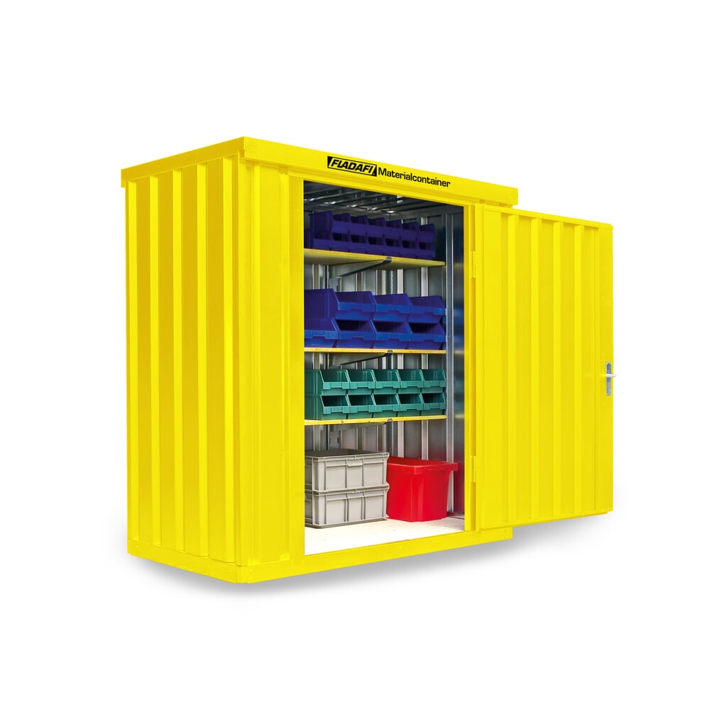 Produktabbildung: FLADAFI® Materialcontainer Einzelmodul, lackiert, HxBxT 2.150 x 2.100 x 1.140 mm, montiert, Holzfußboden, signalgelb
