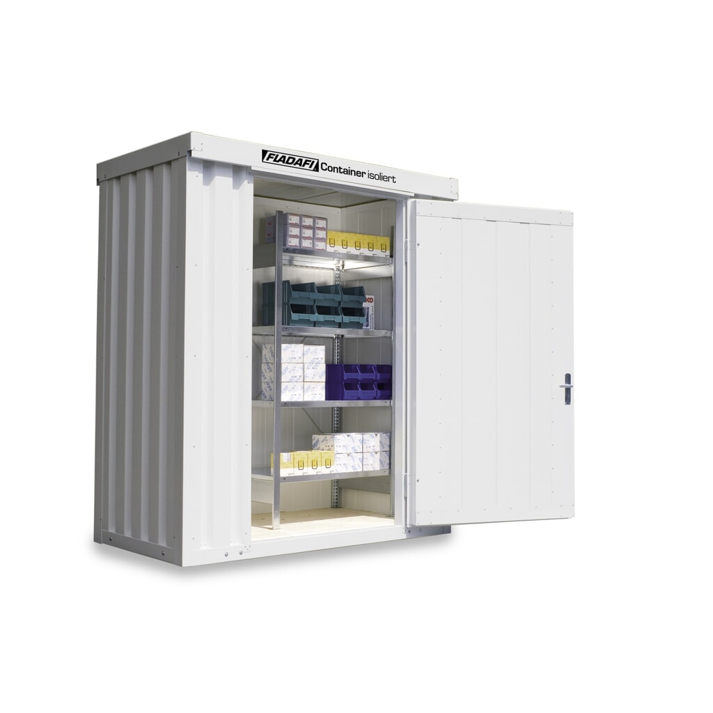 FLADAFI® Materialcontainer, isoliert, 2 m², mit Holzfußboden, HxBxT 2.405 x 2 100 x 1.140 mm, Einzelflügeltür, mittig in Breitseite Produktabbildung: FLADAFI® Materialcontainer, isoliert, 2 m², mit Holzfußboden, HxBxT 2.405 x 2 100 x 1.140 mm, Einzelflügeltür, mittig in Breitseite
