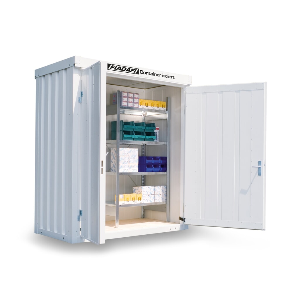 Produktabbildung: FLADAFI® Materialcontainer, isoliert, 2 m², mit Holzfußboden, HxBxT 2.405 x 2 100 x 1.140 mm, Doppelflügeltür (asymmetrische Teilung), mittig in Breitseite