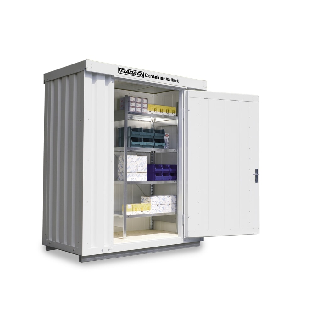 FLADAFI® Materialcontainer, isoliert, 2 m², mit isoliertem Boden, HxBxT 2.500 x 2 100 x 1.140 mm, Einzelflügeltür, mittig in Breitseite Produktabbildung: FLADAFI® Materialcontainer, isoliert, 2 m², mit isoliertem Boden, HxBxT 2.500 x 2 100 x 1.140 mm, Einzelflügeltür, mittig in Breitseite
