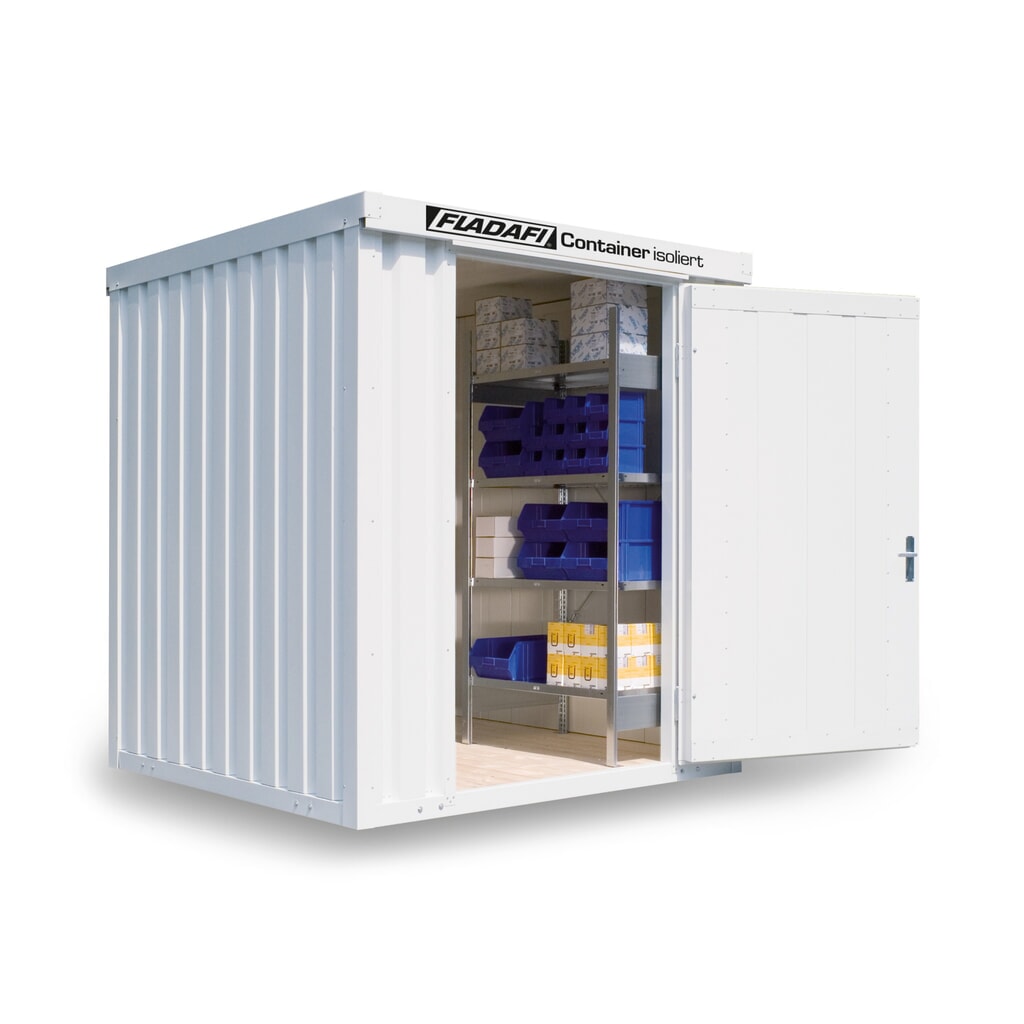 Produktabbildung: FLADAFI® Materialcontainer, isoliert, 4 m², mit Holzfußboden, HxBxT 2.405 x 2.100 x 2170 mm, Doppelflügeltür (asymmetrische Teilung), mittig in Breitseite