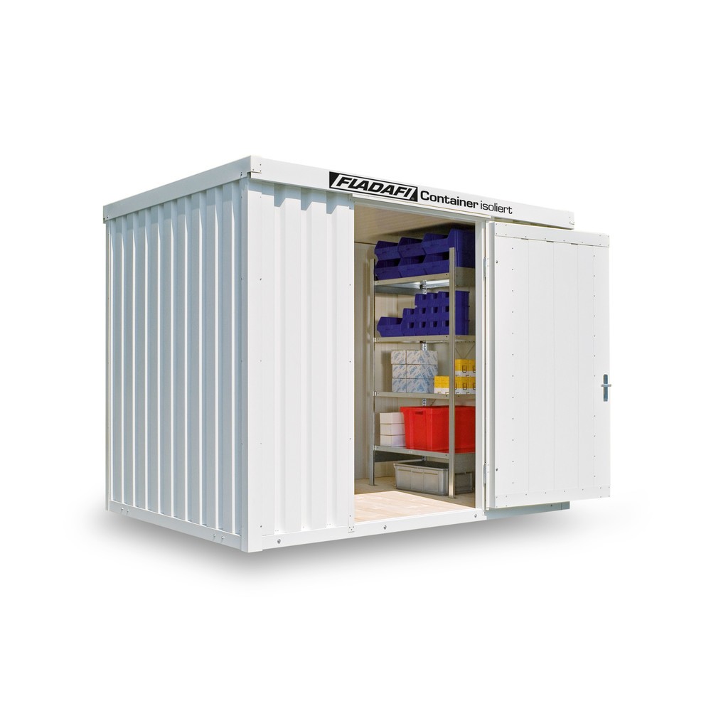 Produktabbildung: FLADAFI® Materialcontainer 6m², isoliert, mit Holzfußboden, Maße außen 3050x2170x2405 mm, Doppelflügeltür (asymmetrische Teilung), mittig in Breitseite, Zusatztür
