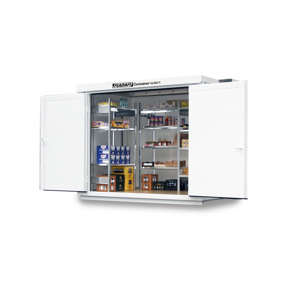 Produktabbildung: FLADAFI® Materialcontainer 6m², isoliert, mit isoliertem Boden, Maße außen 3050x2170x2500 mm, Doppelflügeltür (asymmetrische Teilung), mittig in Breitseite, Zusatztür