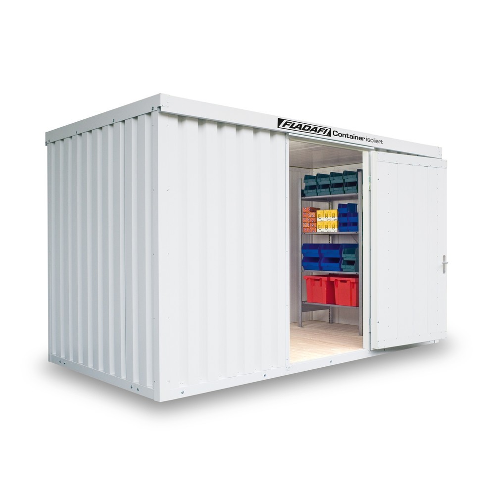 Produktabbildung: FLADAFI® Materialcontainer 8m², isoliert, mit Holzfußboden, Maße außen 4050x2170x2405 mm, Doppelflügeltür (asymmetrische Teilung), mittig in Breitseite, Zusatztür