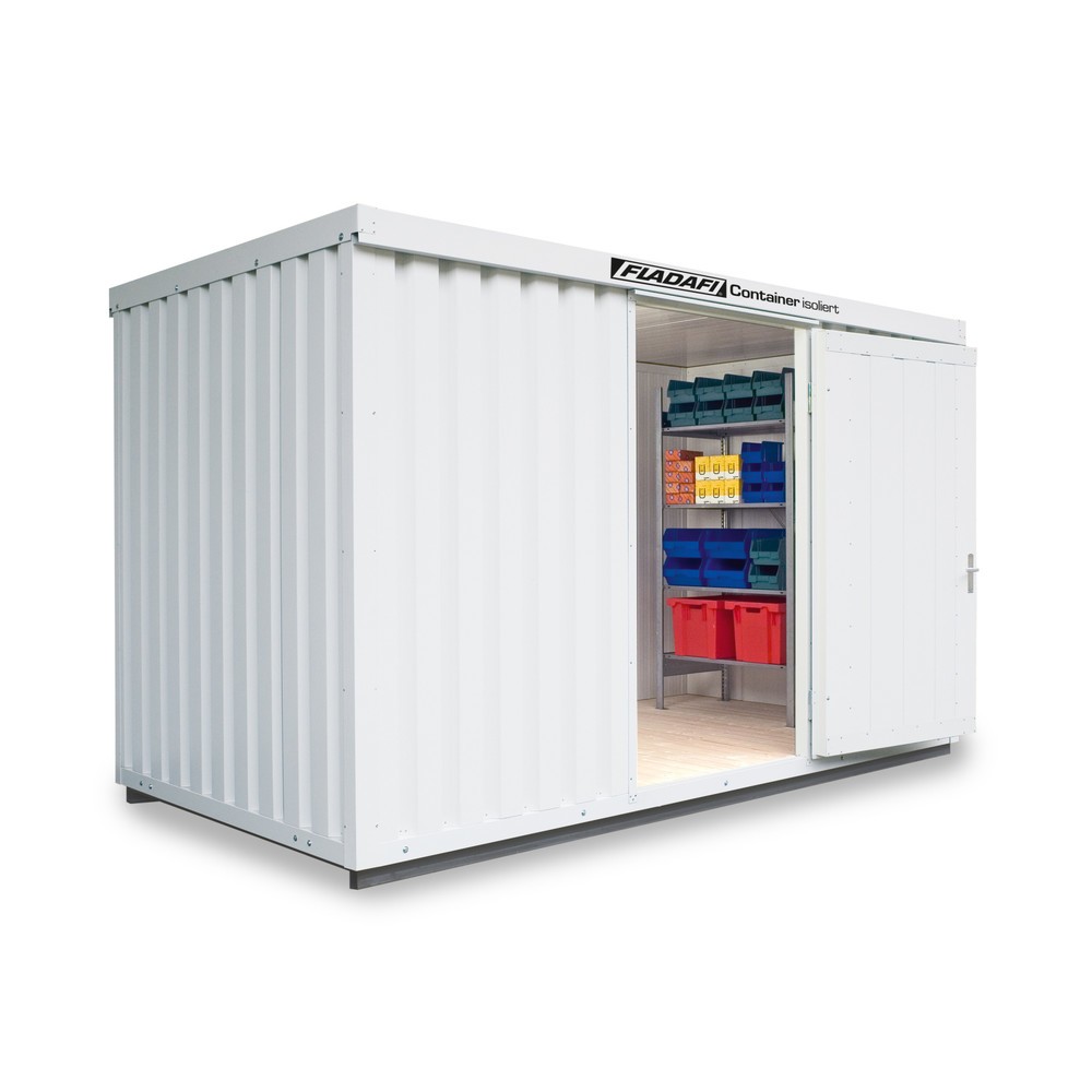 Produktabbildung: FLADAFI® Materialcontainer 8m², isoliert, mit isoliertem Boden, Maße außen 4050x2170x2500 mm, Doppelflügeltür (asymmetrische Teilung), mittig in Breitseite, Zusatztür