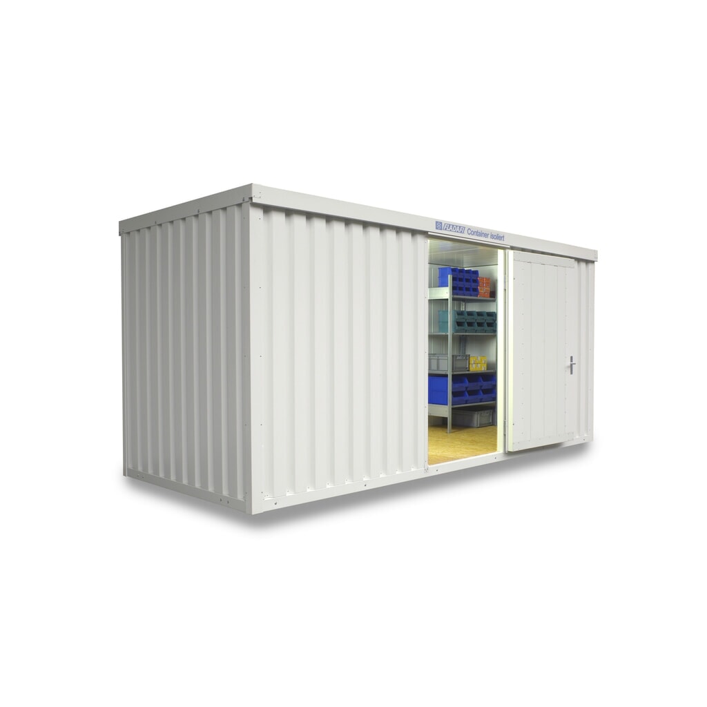 Produktabbildung: FLADAFI® Materialcontainer, isoliert, 10 m², mit Holzfußboden, HxBxT 2.405 x 5.080 x 2.170 mm, Einzelflügeltür, mittig in Stirnseite