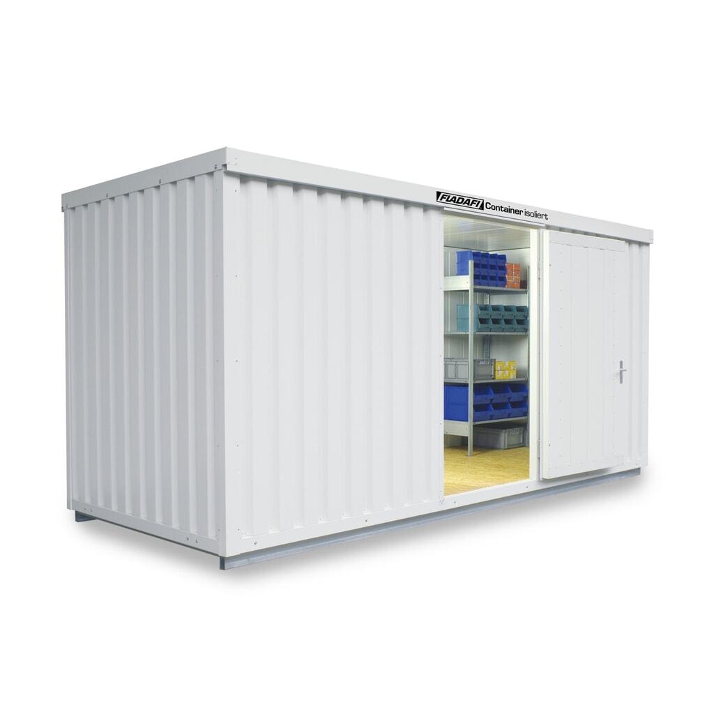 Produktabbildung: FLADAFI® Materialcontainer, isoliert, 10 m², mit isoliertem Boden, HxBxT 2.500 x 5.080 x 2.170 mm, Einzelflügeltür, mittig in Breitseite