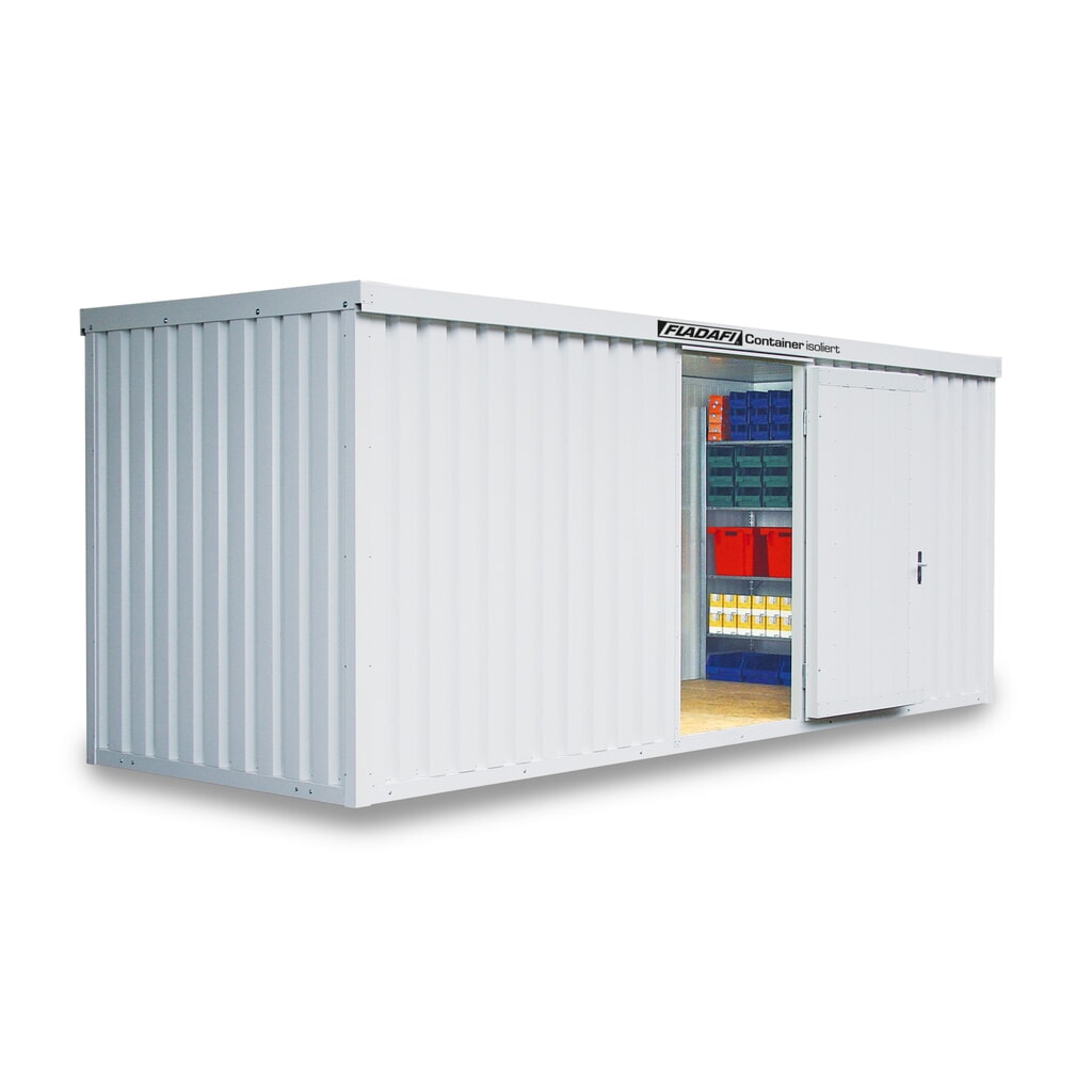 FLADAFI® Materialcontainer, isoliert, 12 m², mit Holzfußboden, HxBxT 2.405 x 6.080 x 2.170 mm, Einzelflügeltür, mittig in Stirnseite Produktabbildung: FLADAFI® Materialcontainer, isoliert, 12 m², mit Holzfußboden, HxBxT 2.405 x 6.080 x 2.170 mm, Einzelflügeltür, mittig in Stirnseite