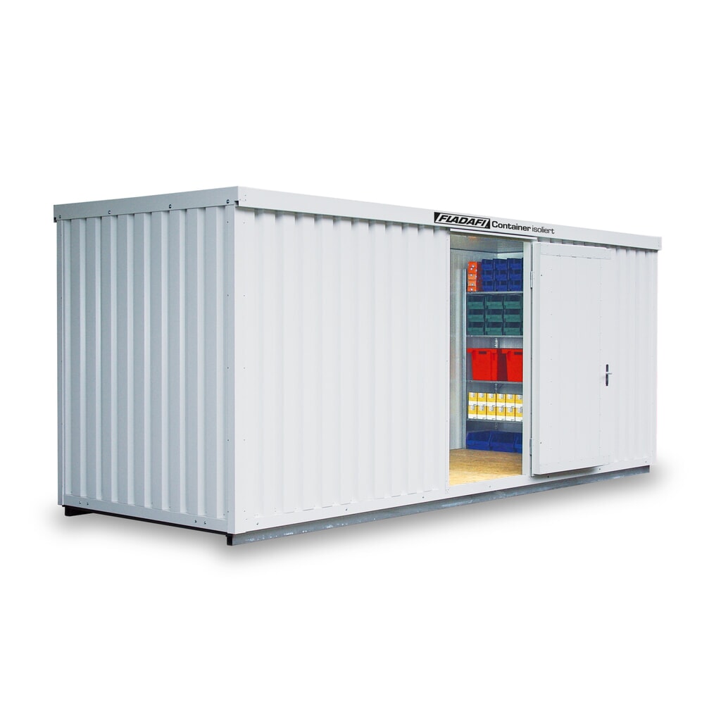 FLADAFI® Materialcontainer, isoliert, 12 m², mit isoliertem Boden, HxBxT 2.500 x 6.080 x 2.170 mm, Einzelflügeltür, mittig in Stirnseite Produktabbildung: FLADAFI® Materialcontainer, isoliert, 12 m², mit isoliertem Boden, HxBxT 2.500 x 6.080 x 2.170 mm, Einzelflügeltür, mittig in Stirnseite