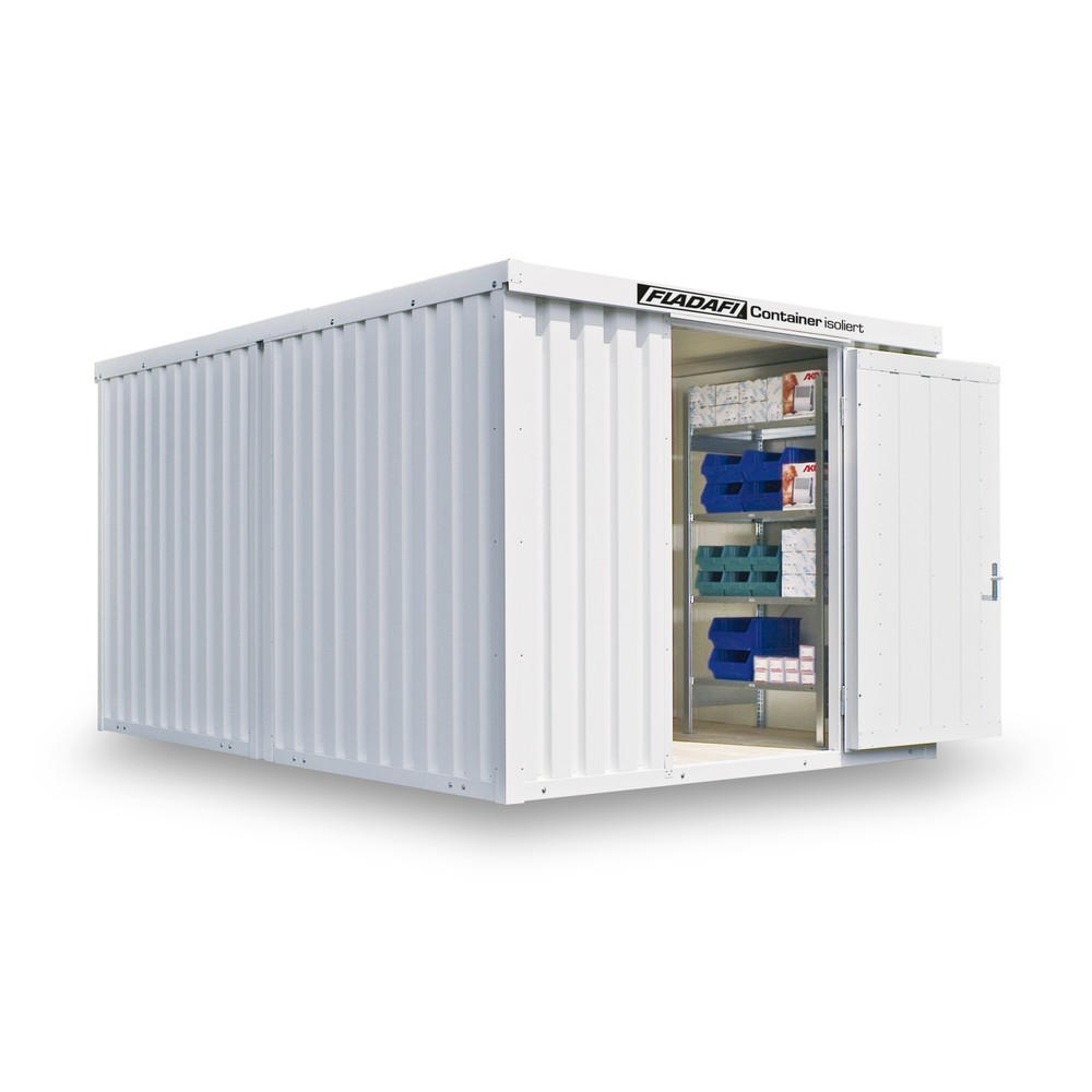 Produktabbildung: FLADAFI® Materialcontainer-Kombination 12m², isoliert, mit Holzfußboden, Maße außen 3050x4340x2405 mm, Einzelflügeltür, mittig in Stirnseite
