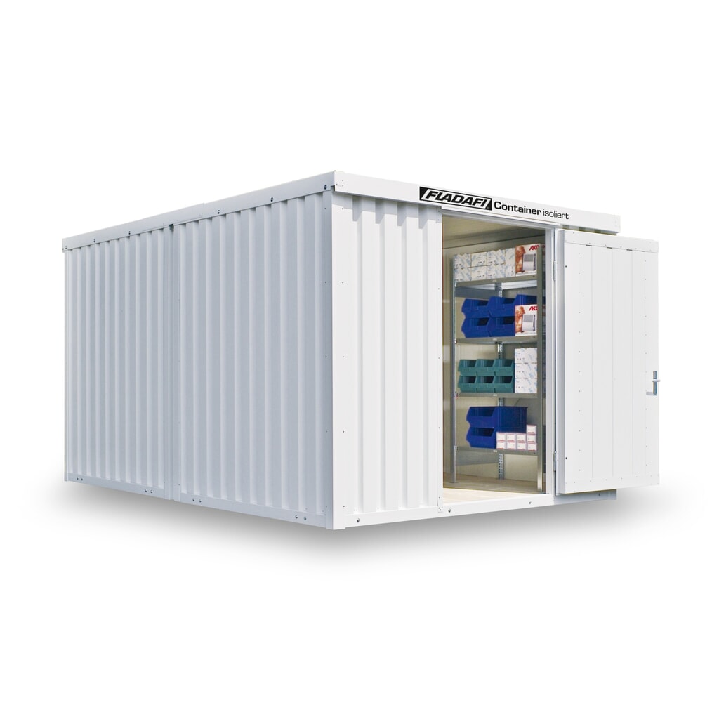 FLADAFI® Materialcontainer-Kombination, isoliert, 12 m², mit Holzfußboden, HxBxT 2.405 x 3.050 x 4.340 mm, Einzelflügeltür, mittig in Stirnseite Produktabbildung: FLADAFI® Materialcontainer-Kombination, isoliert, 12 m², mit Holzfußboden, HxBxT 2.405 x 3.050 x 4.340 mm, Einzelflügeltür, mittig in Stirnseite