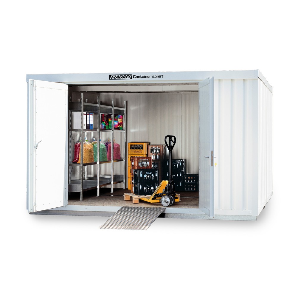 Produktabbildung: FLADAFI® Materialcontainer-Kombination 12m², isoliert, mit isoliertem Boden, Maße außen 3050x4340x2500 mm, Doppelflügeltür (asymmetrische Teilung), mittig in Stirnseite