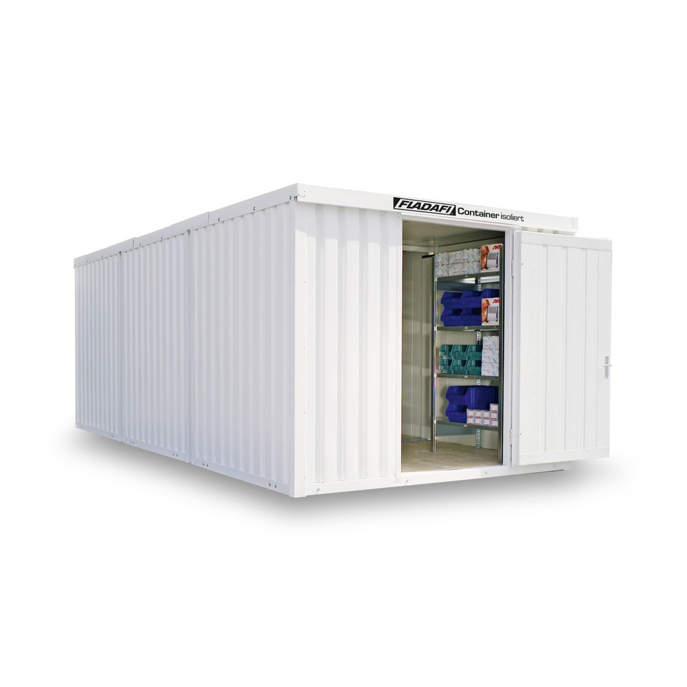 Produktabbildung: FLADAFI® Materialcontainer-Kombination 18m², isoliert, mit Holzfußboden, Maße außen 3050x6520x2405 mm, Einzelflügeltür, mittig in Stirnseite