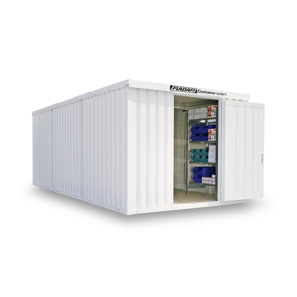 FLADAFI® Materialcontainer-Kombination, isoliert, 18 m², mit Holzfußboden, HxBxT 2.405 x 3.050 x 6.520 mm, Einzelflügeltür, mittig in Stirnseite Produktabbildung: FLADAFI® Materialcontainer-Kombination, isoliert, 18 m², mit Holzfußboden, HxBxT 2.405 x 3.050 x 6.520 mm, Einzelflügeltür, mittig in Stirnseite