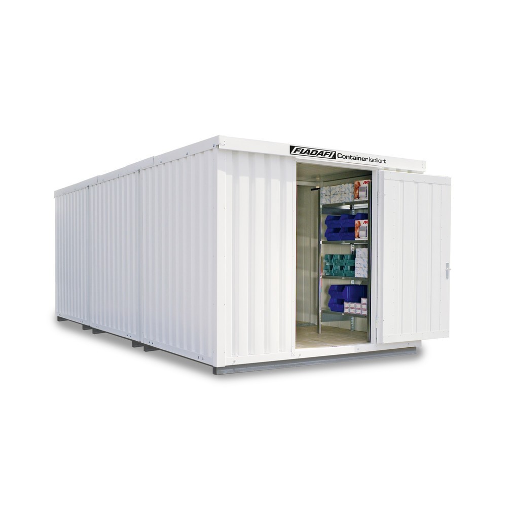 Produktabbildung: FLADAFI® Materialcontainer-Kombination 18m², isoliert, mit isolietem Boden, Maße außen 3050x6520x2500 mm, Einzelflügeltür, mittig in Stirnseite