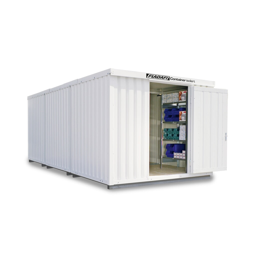 FLADAFI® Materialcontainer-Kombination, isoliert, 18 m², mit isoliertem Boden, HxBxT 2.500 x 3.050 x 6.520 mm, Doppelflügeltür (asymmetrische Teilung), mittig in Stirnseite, Zusatztür Produktabbildung: FLADAFI® Materialcontainer-Kombination, isoliert, 18 m², mit isoliertem Boden, HxBxT 2.500 x 3.050 x 6.520 mm, Doppelflügeltür (asymmetrische Teilung), mittig in Stirnseite, Zusatztür