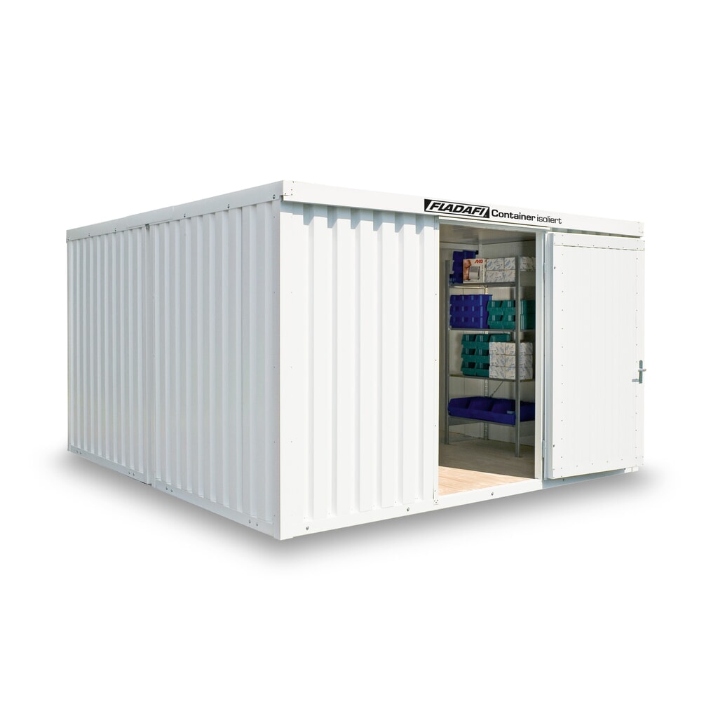 Produktabbildung: FLADAFI® Materialcontainer-Kombination, isoliert, 16 m², mit Holzfußboden, HxBxT 2.405 x 4.050 x 4.340 mm, Doppelflügeltür (asymmetrische Teilung), mittig in Stirnseite